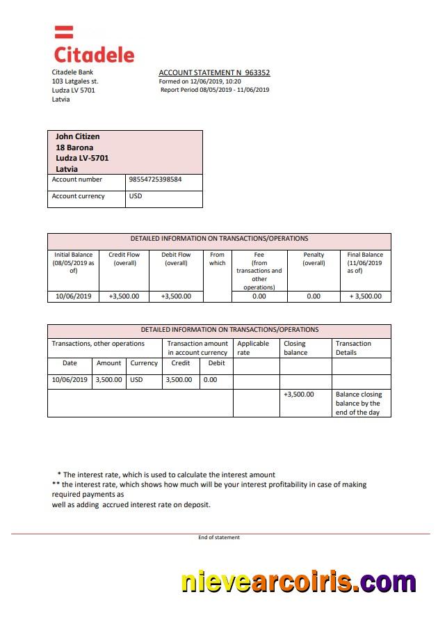Latvia Citadele bank statement, Word and PDF format (.doc and .pdf)